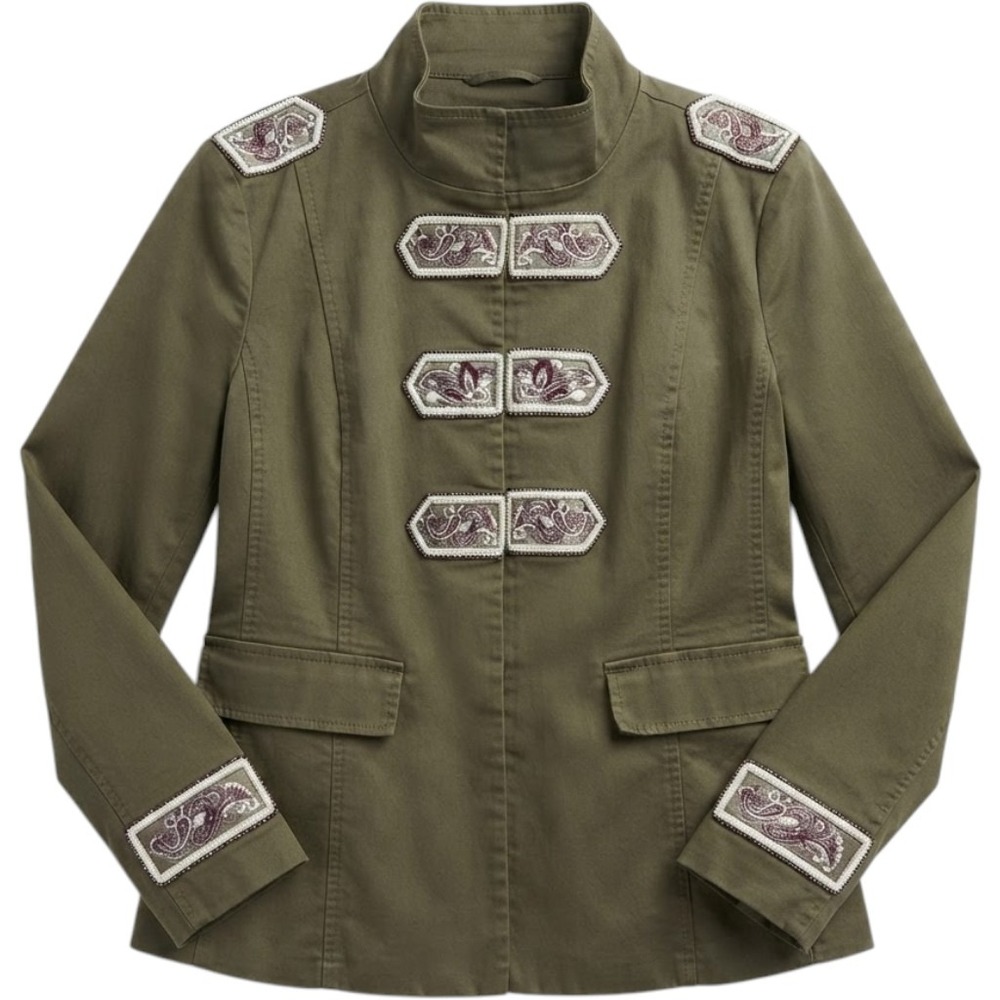Chico's Military Jacket 2 [12/14] Olive Green Beaded Paisley Embroidered Boho